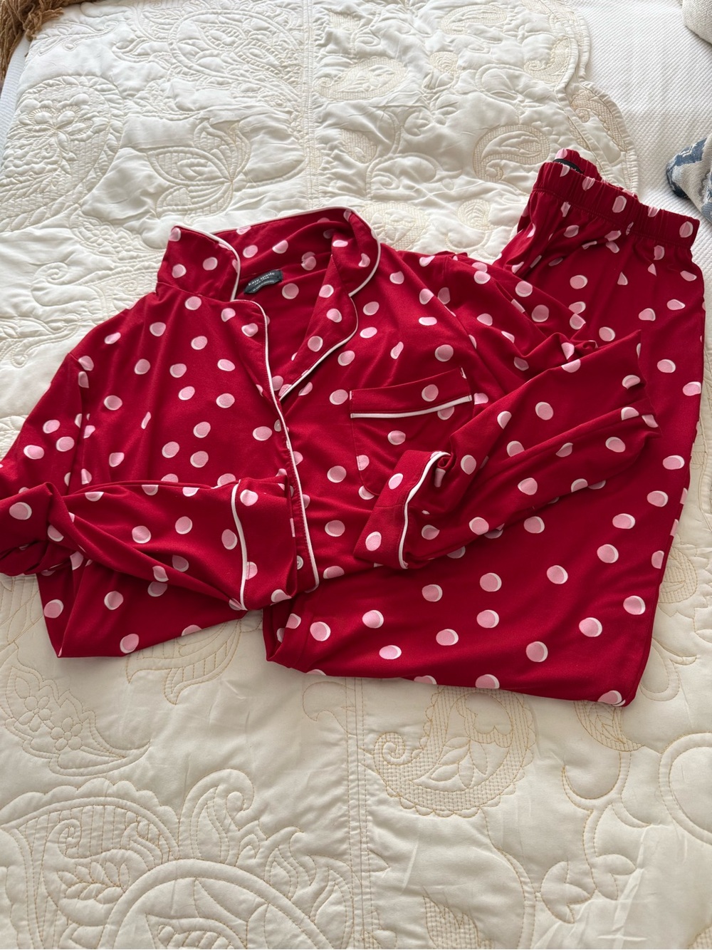Kate Spade Red Polka Dot Pajama Set with White Trim